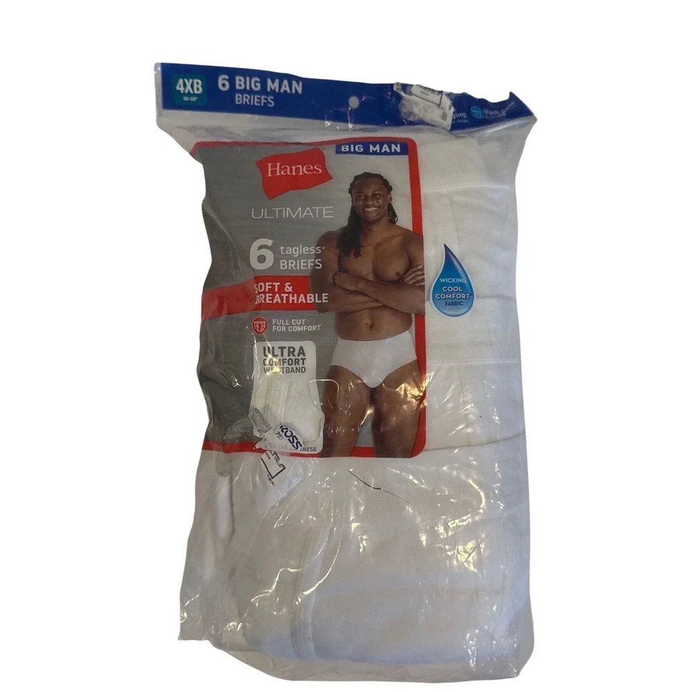 Hanes Ultimate Big Mans Brief 6 PK White Tagless 100% Cotton 4XB 56-58 Waist NEW